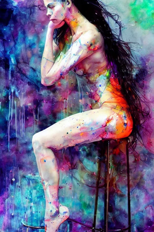 Image similar to adriana lima by agnes cecile enki bilal moebius, intricated details, sitting on a stool, full body portrait, extremely luminous bright design, pastel colours, drips, autumn lights