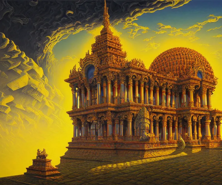 Image similar to hyper detailed 3d render like a Oil painting - ornate temple of the sun, dramatic sky in background, radiant, by Jacek Yerka, Mariusz Lewandowski, Houdini algorithmic generative render, Abstract brush strokes, Masterpiece, Edward Hopper and James Gilleard, Zdzislaw Beksinski, Mark Ryden, Wolfgang Lettl, hints of Yayoi Kasuma, octane render, 8k