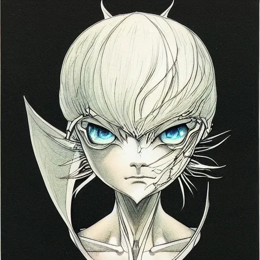 Image similar to prompt: Fragile looking vessel portrait face drawn by Katsuhiro Otomo, inspired by World of Warcraft, magical and alchemical objects on the side, soft light, white background, intricate detail, intricate ink painting detail, sharp high detail, manga and anime 2000