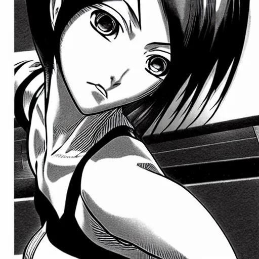 Image similar to alita by yukito kishiro. medium shot. black and white manga. pencil drawing. high detailed face