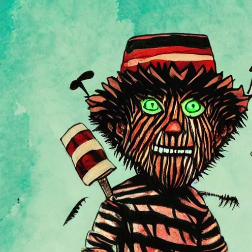 Prompt: Freddy Krueger in the art style of where the wild things go 4K quality