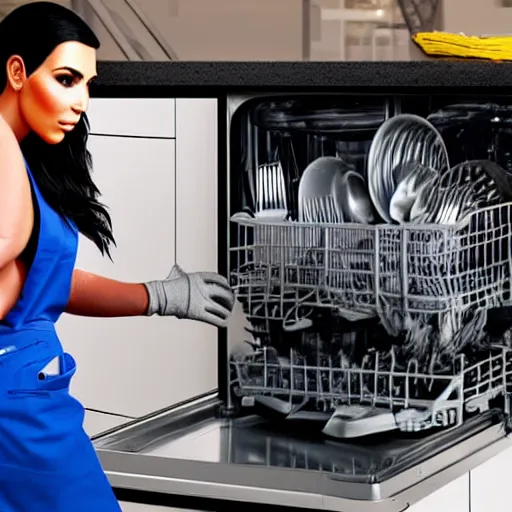 Image similar to kim kardashian fixing a dishwasher in a dirty kitchen, photorealist, ultra hd