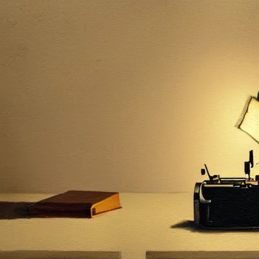 Prompt: painting of a typewriter on a desk in a dimly lit room, volumetric lighting, style of greg rutkowski