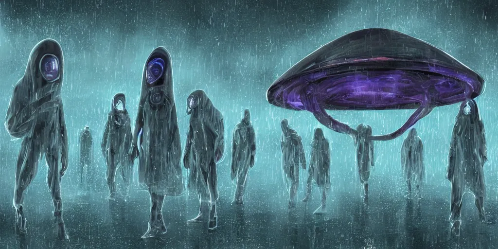 Image similar to sci - fi alien squad in wet cloaks, infiltrating on the ceiling at midnight storm, lightning, digital art