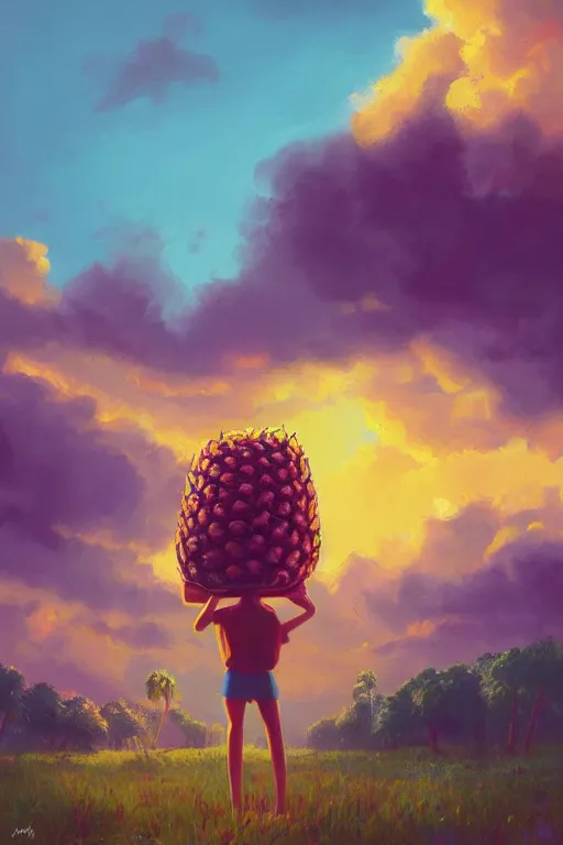 Prompt: closeup, enormous pineapple head, girl surrounded by djungle, surreal photography, golden hour, colorful clouds, impressionist painting, digital painting, artstation, simon stalenhag