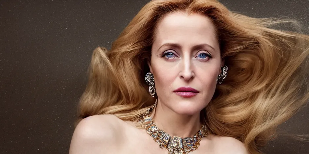 Image similar to gorgeously dreamlike beautiful face Gillian Anderson, hair updo, balayage, natural make-up, luxurious ornate golden jewelry, earrings, low cut dress, dynamic lighting, award winning photo shoot, intricately detailed, glimmering, shining, photo realistic, cinematic, volumetric lighting, fashion portrait, 8K UHD