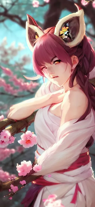 Prompt: a league of legends concept art of a cute girl with fox ears wearing kimono at a sakura tree, art by cushart krentz and greg rutkowski, 8 k resolution, high quality, highly detailed, long hair, fantasy style, empty background, illustration, hyperrealism, octane render, commission art, trending on artstation, pinterest