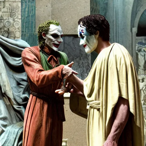 Prompt: cinematic shot of the joker shaking hands with julius caesar in ancient rome, 8 k, very detailed, very intricate,