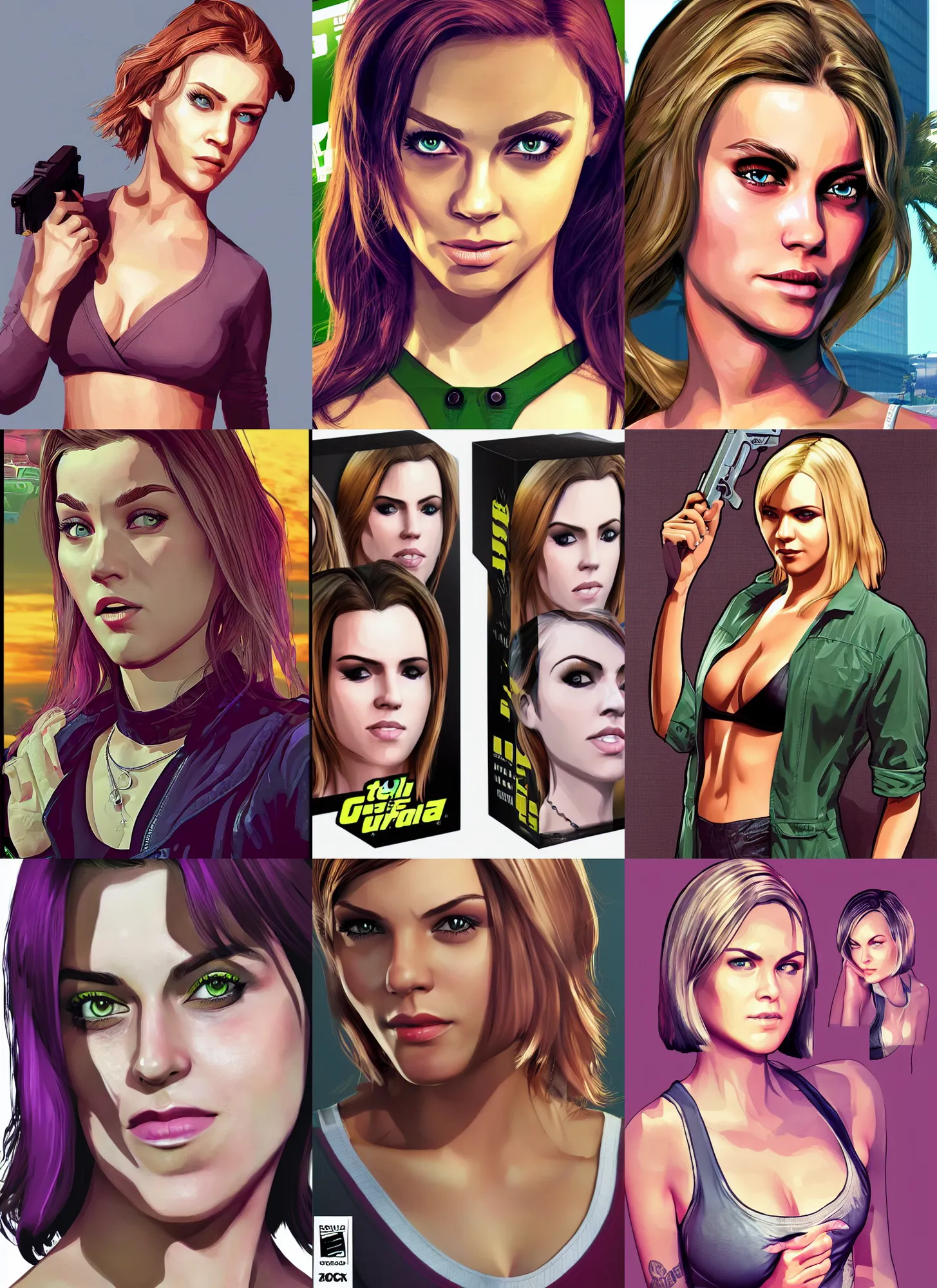 Prompt: cell shaded gta 5 boxart full body female beautiful face