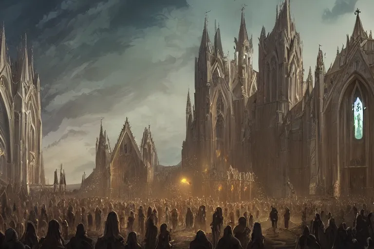 Prompt: gathering outside of extremely large church, beautiful, d & d, fantasy, intricate, elegant, highly detailed, digital painting, epic wide shot, trending on artstation, concept art, matte, sharp focus, illustration, art by noah bradley, scott m fischer, greg rutkowski, john avon