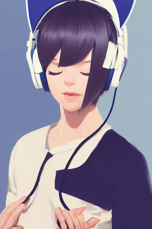 Prompt: a cute young woman sitting on a couch while listening to music with her eyes closed and wearing cat ear headphones by Ilya Kuvshinov and Range Murata, white bob cut hair, blue filter, blue and white, soft lighting, atmospheric, cinematic, moody, digital painting, 8k