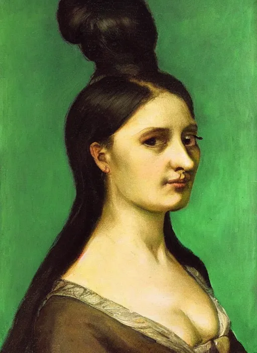 Prompt: portrait of a woman with long black hair ; green colors on background ; oil painting ; titian style