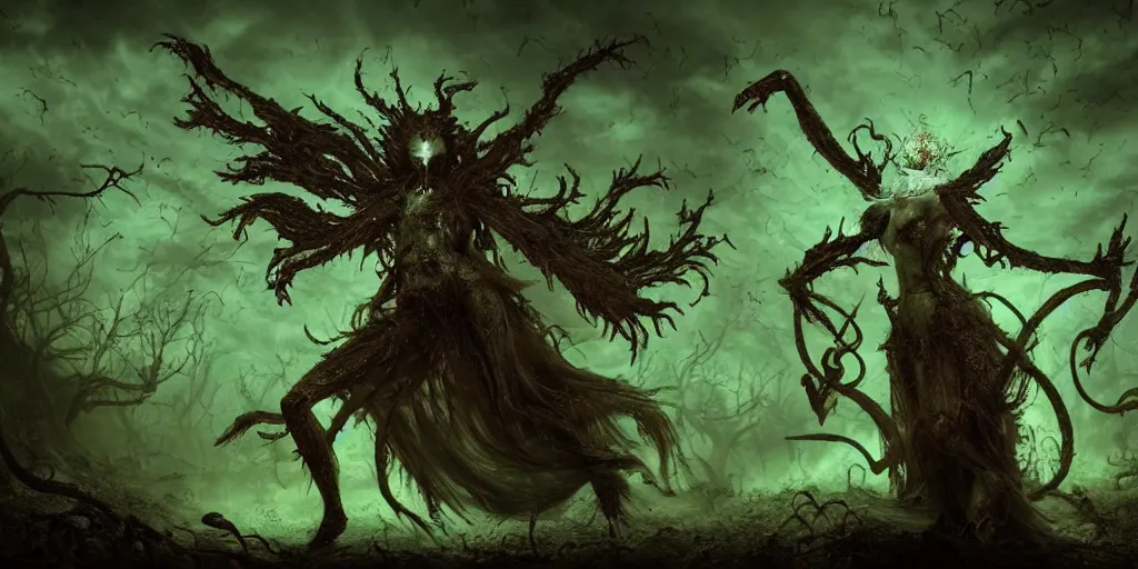 Image similar to A hauntedly beautiful yet grotesque wraith of pestilence and disease glowing with green ethereal light, with arms outstretched she hovers atop a hoard of swarming undead rats, high quality, hyperdetailed, fantasy,