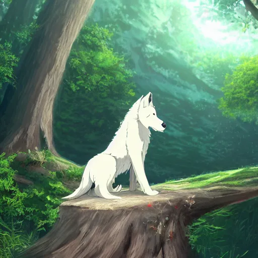 Prompt: highly detailed digital art of a magestic white wolf standing on an overgrown fallen tree trunk, lush surroundings, sunshine, kimi no na wa, trending on artstation, tranquil