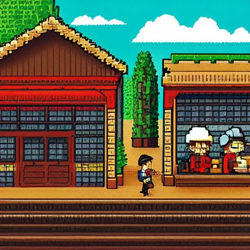 Image similar to portrait of a lazy miner, train station background, high detail, 8 - bit pixel art, cute, by studio ghibli