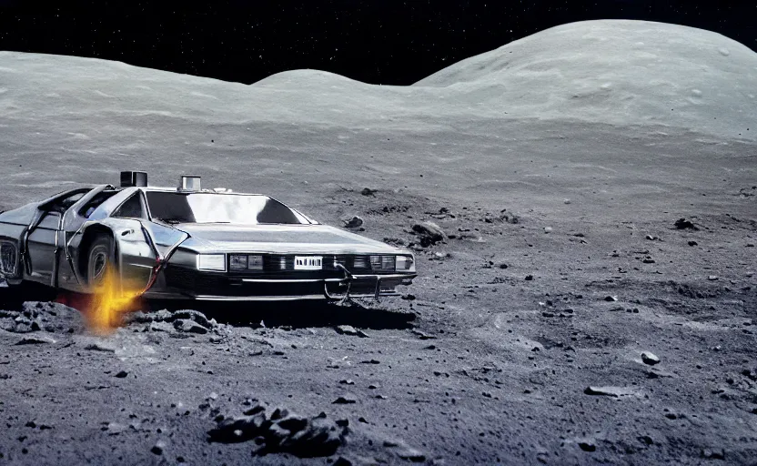 Image similar to a delorean on the moon taken from a super 8 camera, realistic, photoreal, 8 0 s