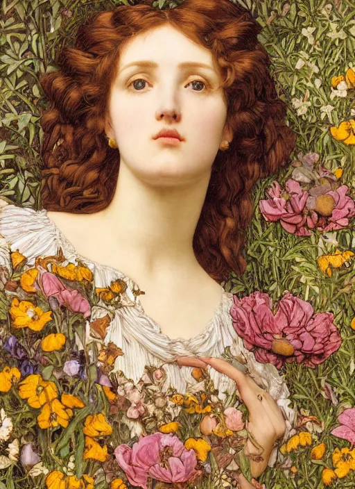 Image similar to masterpiece beautiful seductive flowing curves preraphaelite face portrait amongst flowers, extreme close up shot, straight bangs, thick set features, yellow ochre ornate medieval dress, laying amongst foliage mushroom forest circle arch, frederic leighton and kilian eng and rosetti and preraphaelites, william morris, 4 k