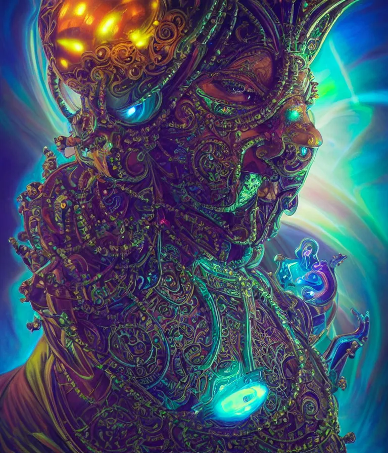 Image similar to front!!! shot of a court jester character, hyperdimensional, bioluminescent hypercubes, dark holography!!!, sunset psychedelic, chrome, (((intricate))), elegant, highly detailed, centered, (((artstation, concept art, smooth, sharp focus, artgerm, Tomasz Alen Kopera, Peter Mohrbacher, donato giancola, Joseph Christian Leyendecker, WLOP, Boris Vallejo))), mugshot!!!!!, ugly!!!!!!, octane render, nvidia raytracing demo, octane render, nvidia raytracing demo, octane render, nvidia raytracing demo, grainy, muted, 8K, digitalblasphemy, metatron