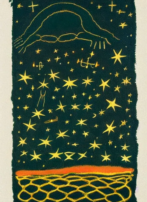 Image similar to wonky alien skeleton cook with knives in a dark green cloudy night sky with golden foil stars, occult symbols and tears, mountain lake and blossoming field in background, painted by mark rothko, helen frankenthaler, danny fox and hilma af klint, very pixelated, naive, expressionism