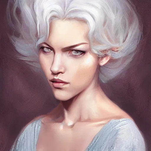 Prompt: Portrait of a woman, white hair, curly hair, by Mandy Jurgens