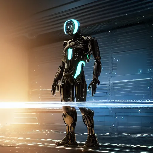 Prompt: Humanoid power armor, exoskeleton right fitting around a thin, human soldier wearing science fiction gear and holding advanced alien weaponry, wearing black latex bodysuit with underlying wires like tron, on a battlefield filled with mechs and Aliens, full body shot, octane render, hyper realistic, 8k resolution - 9