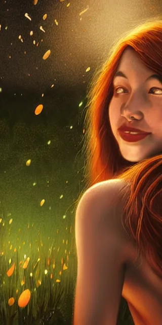 Image similar to young woman, smiling, amazed by golden fireflies lights, sitting in the midst of nature fully covered, long loose red hair, intricate linework, green eyes, small nose with freckles, oval shape face, realistic, expressive emotions, dramatic lights, spiritual scene, hyper realistic ultrafine art by cecco del caravaggio and albert bierstadt and artgerm