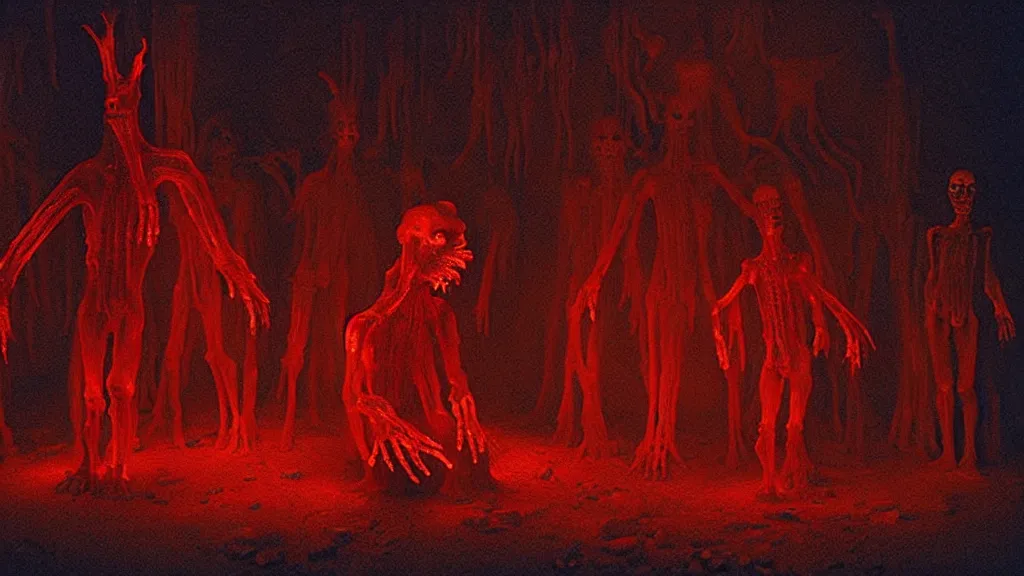 Image similar to the creature in the basement, made of glowing wax! and bone and blood, bioluminescence, surrounded by animals, film still from the movie directed by denis villeneuve and david cronenberg with art direction by salvador dali and zdzisław beksinski, wide lens