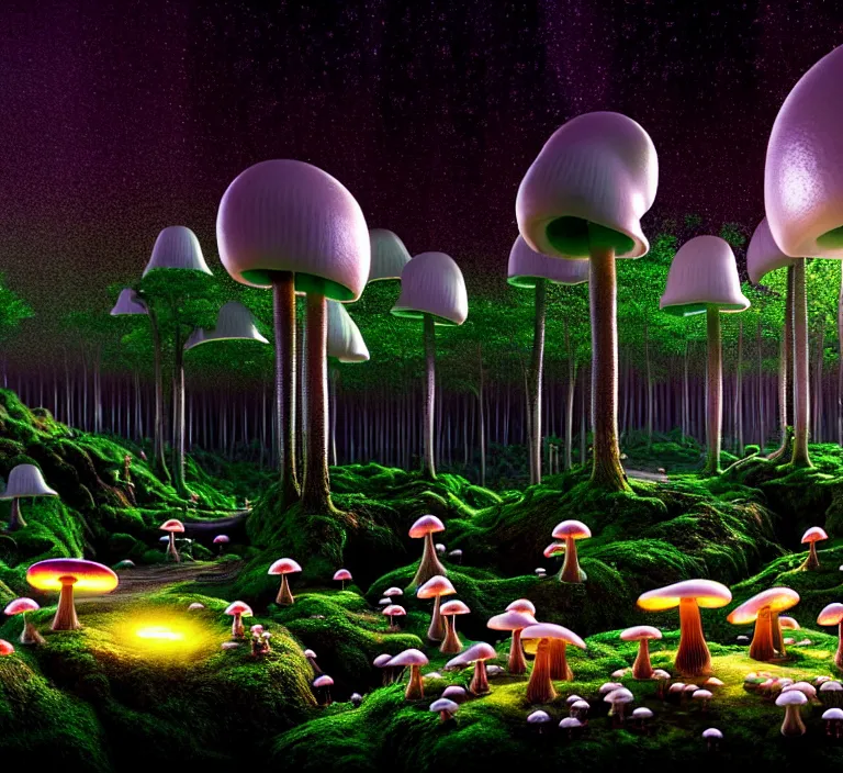 Image similar to hyperrealism photography hyperrealism concept art of highly detailed glowing with a million different species of mushrooms in forest at night highly detailed futuristic ( fantasycore ) city by wes anderson and hasui kawase and scott listfield sci - fi style hyperrealism rendered in blender and octane render volumetric natural light