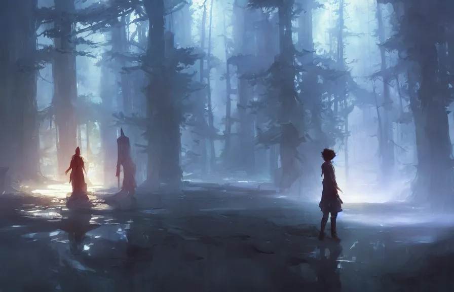 Prompt: greg manchess concept art of a the ghostwood dimension, key visual, ambient lighting, highly detailed, digital painting, artstation, concept art, sharp focus, by makoto shinkai and akihiko yoshida and hidari and wlop and greg rutkowski