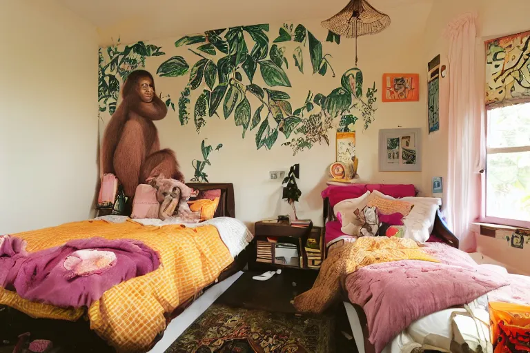 Image similar to lofi girl bedroom, lofi girl is an orangutan