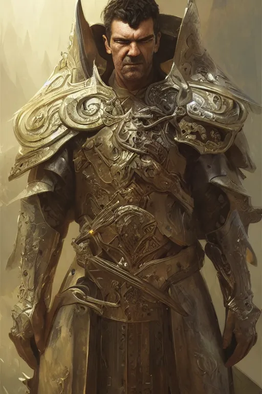 Image similar to portrait of antonio banderas as holy paladin, fantasy, d&d, intricate, highly detailed, smooth, artstation, digital illustration by Ruan Jia and Mandy Jurgens and Artgerm and Wayne Barlowe and Greg Rutkowski and Zdislav Beksinski