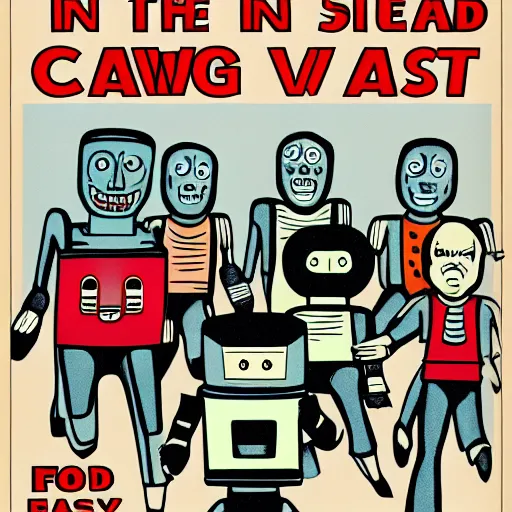 Image similar to in the style of 1960s, A scary robot is chasing after a bunch of scared adults with fully detailed faces, down the street, fully detailed , faces in focus