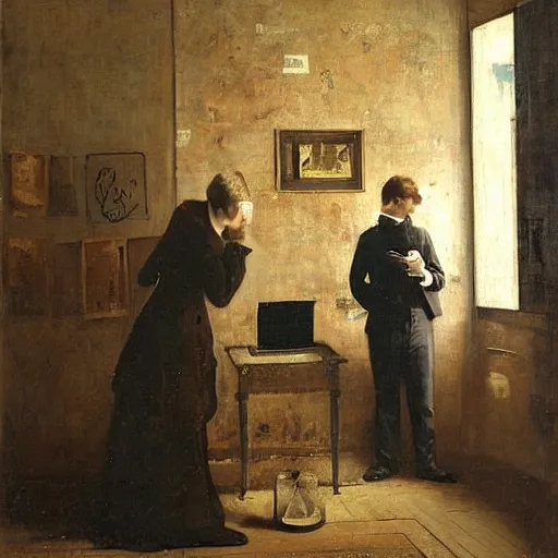 Image similar to a young man and a young woman solving an escape room puzzle, mysterious markings on the wall, by alfred stevens