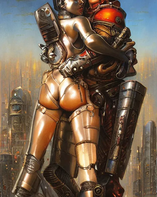 Prompt: a painting of a man in armor holding a woman, cyberpunk art by greg staples and by thomas blackshear and by michael whelan, cgsociety, fantasy art, dystopian art, androgynous, poster art