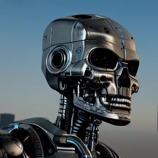 Prompt: closeup on the head of a terminator with borg enhancements, cameras for eyes, open head without plating and all components and gears are visible inside, ultra detailed 8k. There is a dystopian city in the background. Rendered with unreal 5 engine with ray tracing and tessellation