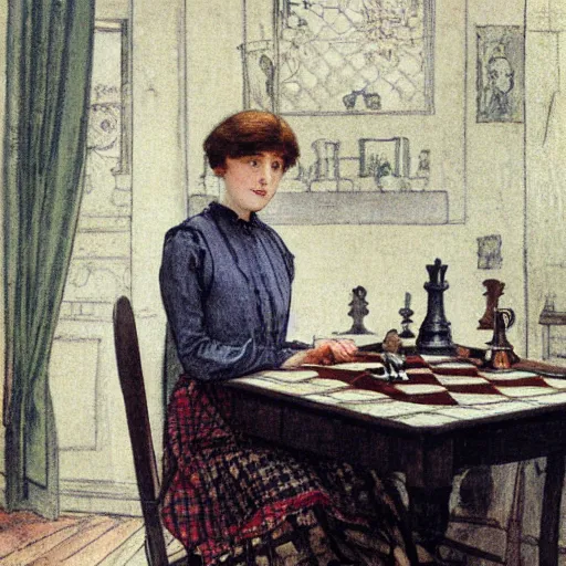 Image similar to a young edwardian woman wearing a green blouse and grey skirt sits by a chessboard at a table, in the style of carl larsson