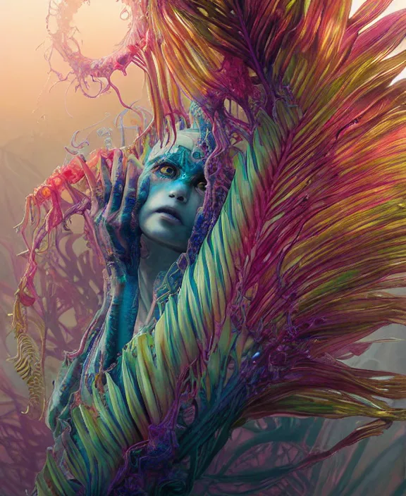 Prompt: filigreed colorful transparent portrait of a terrifying beautiful alien sea creature, fronds, mottled coloring, adorable, childlike, horror environment, ultra realistic, concept art, art nouveau, photorealistic, octane render, 8 k, unreal engine. art by christopher marley and artgerm and greg rutkowski and alphonse mucha