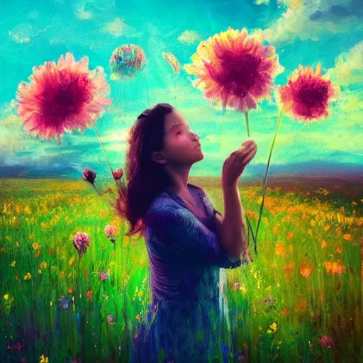 Prompt: girl with a blooming flower head, surreal photography, dream, standing in flower field, magical, in a valley, sunrise dramatic light, impressionist painting, colorful clouds, artstation, simon stalenhag, flower face