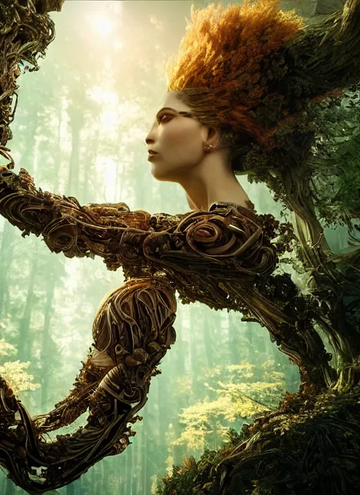 Image similar to sumptuous biomechanical masterpiece incredible hair, crystalline incrustations, hyperdetailed face, elegant pose, movie still, intricate, octane render, cinematic forest lighting, cgsociety, unreal engine, crepuscular rays, god rays