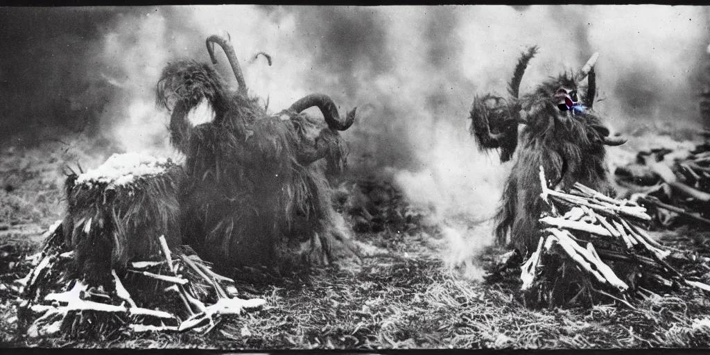 Prompt: 1 9 2 0 s photography of krampus hay monster burning on a pyre, submerged in snow