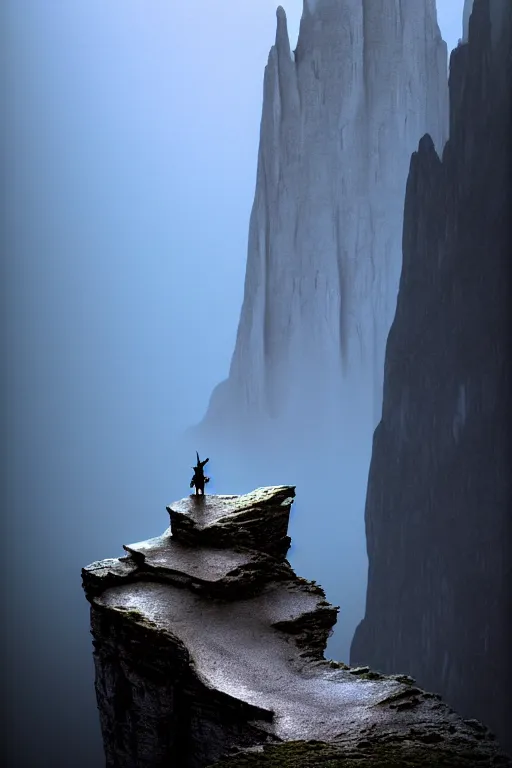 Prompt: emissary gargoyle standing of the edge of a cliff in the italian dolomites in the pouring rain during blue hour by arthur haas and bruce pennington and john schoenherr, cinematic matte painting, zaha hadid building, photo realism, dark moody color palate, blue hour stars, desolate glacial landscape,