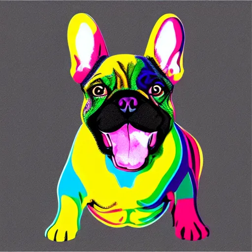 Prompt: rainbow excited smiling french bulldog puppy. pop art.