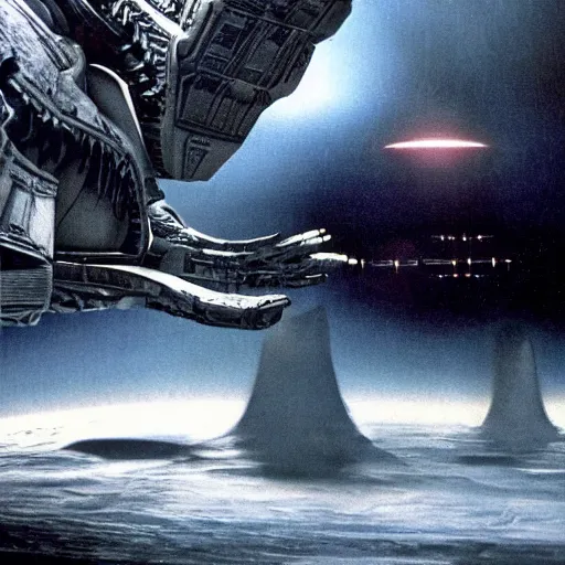 Image similar to the huge Nostromo spaceship landed on a dark and cloudy planet, very detailed, Alien movie by Ridley Scott