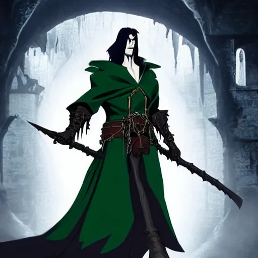 Image similar to Warlock, wearing dark green robes, controlling shadows, 4k, high detail in the style of the castlevania show