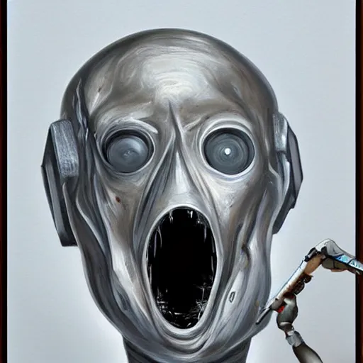 Image similar to realistic robot in The Scream painting inspired by Spaghettification, Mazarineee, artstation