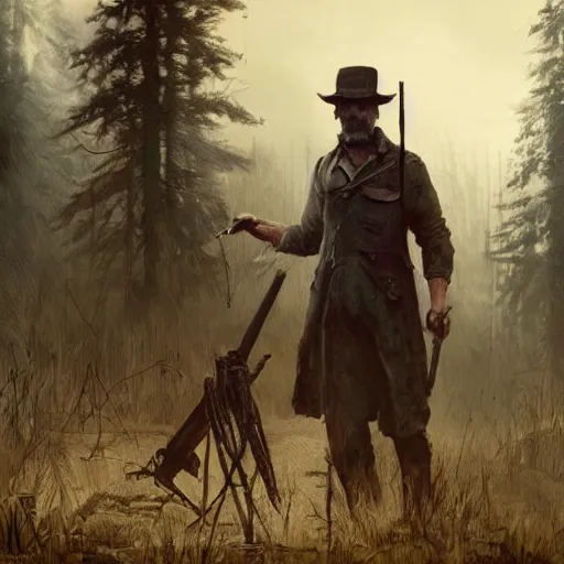 Image similar to a matte painting of hunters from hunt showdown videogame holding a birthday cake, digital art, very detailed, in the style of greg rutkowski,