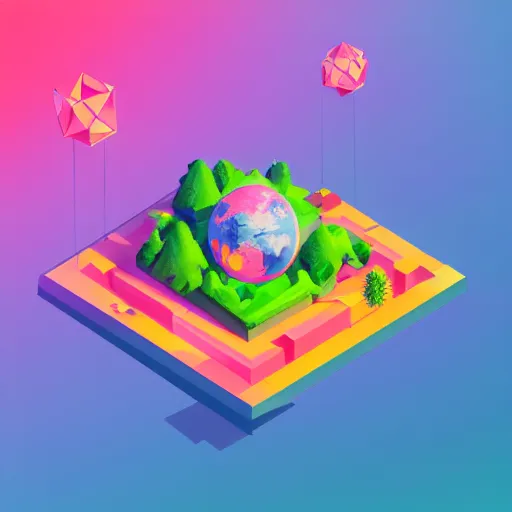 Image similar to isometric half sphere island on neon background, isometric invironment, 3d art, isometric art, high detail, artstation, concept art, behance, ray tracing, smooth, sharp focus, ethereal lighting