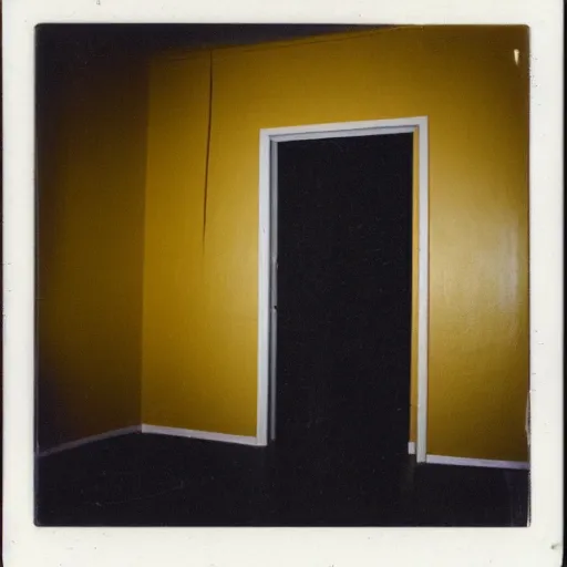 Image similar to polaroid photo of backrooms liminal space with yellow walls and yellow carpet dark, moody, scary