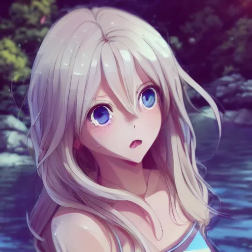 Image similar to a very beautiful anime girl, full body, long wavy blond hair, sky blue eyes, full round face, short smile, cute top, short jeans, summer lake setting, cinematic lightning, medium shot, mid-shot, highly detailed, trending on Artstation, Unreal Engine 4k, cinematic wallpaper by Stanley Artgerm Lau, WLOP, Rossdraws, James Jean, Andrei Riabovitchev, Marc Simonetti, and Sakimichan