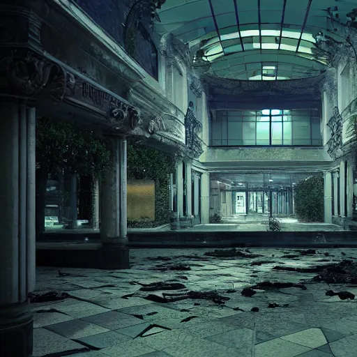 Prompt: abandoned mall at night, broken fountain, realistic, highly detailed, hd, unreal engine, guillermo del toro